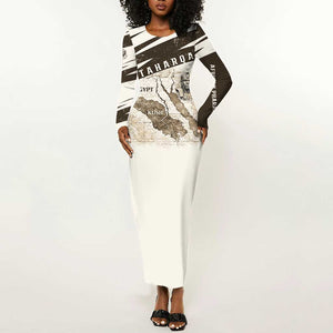 Taharqa Long Sleeve Bodycon Dress with Ancient Map Illustration, King of Two Lands Title and Kush Egypt Temple - African Pride
