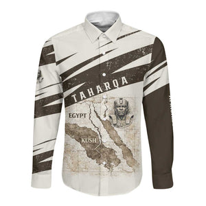 Taharqa Long Sleeve Button Shirt with Ancient Map Illustration, King of Two Lands Title and Kush Egypt Temple - African Pride