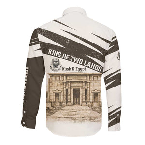 Taharqa Long Sleeve Button Shirt with Ancient Map Illustration, King of Two Lands Title and Kush Egypt Temple - African Pride