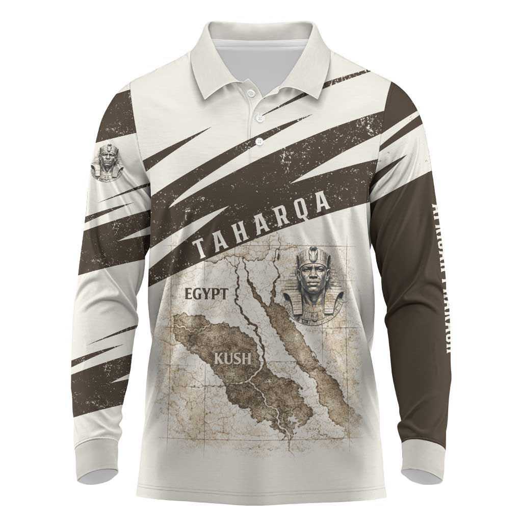 Taharqa Long Sleeve Polo Shirt with Ancient Map Illustration, King of Two Lands Title and Kush Egypt Temple - African Pride