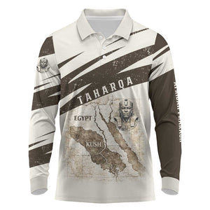 Taharqa Long Sleeve Polo Shirt with Ancient Map Illustration, King of Two Lands Title and Kush Egypt Temple - African Pride