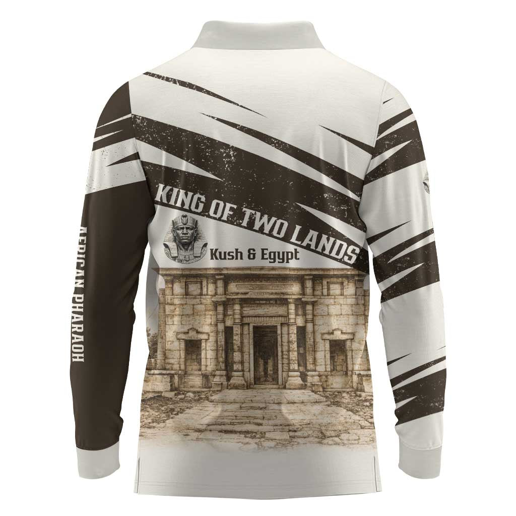Taharqa Long Sleeve Polo Shirt with Ancient Map Illustration, King of Two Lands Title and Kush Egypt Temple - African Pride