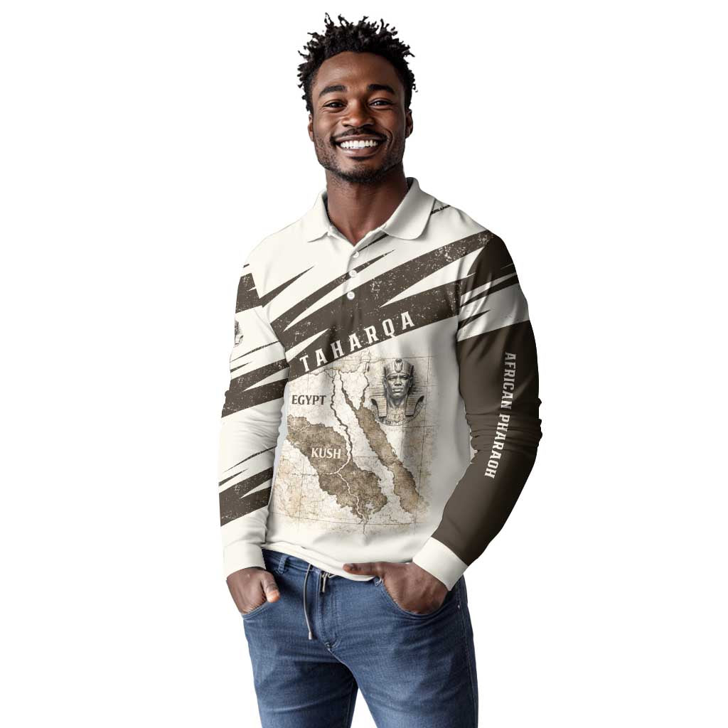 Taharqa Long Sleeve Polo Shirt with Ancient Map Illustration, King of Two Lands Title and Kush Egypt Temple - African Pride