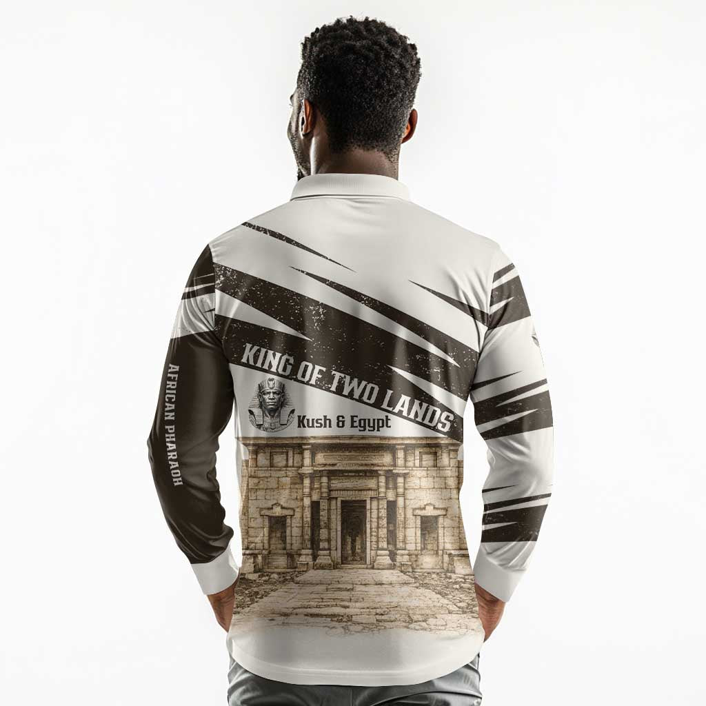 Taharqa Long Sleeve Polo Shirt with Ancient Map Illustration, King of Two Lands Title and Kush Egypt Temple - African Pride