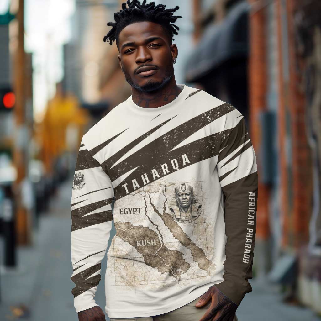 Taharqa Long Sleeve Shirt with Ancient Map Illustration, King of Two Lands Title and Kush Egypt Temple - African Pride