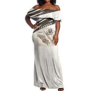 Taharqa Off Shoulder Maxi Dress with Ancient Map Illustration, King of Two Lands Title and Kush Egypt Temple - African Pride
