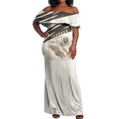 Taharqa Off Shoulder Maxi Dress with Ancient Map Illustration, King of Two Lands Title and Kush Egypt Temple - African Pride