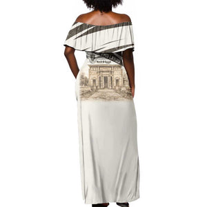 Taharqa Off Shoulder Maxi Dress with Ancient Map Illustration, King of Two Lands Title and Kush Egypt Temple - African Pride