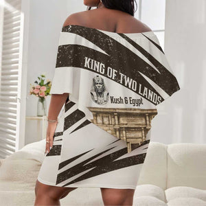 Taharqa Off Shoulder Short Dress with Ancient Map Illustration, King of Two Lands Title and Kush Egypt Temple - African Pride