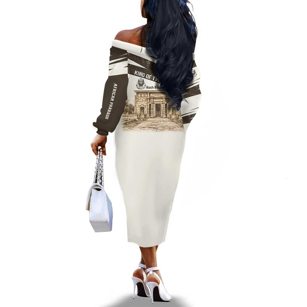 Taharqa Off The Shoulder Long Sleeve Dress with Ancient Map Illustration, King of Two Lands Title and Kush Egypt Temple - African Pride