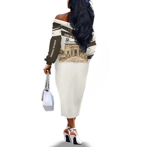 Taharqa Off The Shoulder Long Sleeve Dress with Ancient Map Illustration, King of Two Lands Title and Kush Egypt Temple - African Pride