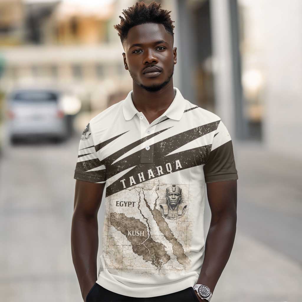 Taharqa Polo Shirt with Ancient Map Illustration, King of Two Lands Title and Kush Egypt Temple - African Pride