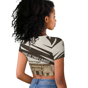 Taharqa Raglan Cropped T shirt with Ancient Map Illustration, King of Two Lands Title and Kush Egypt Temple - African Pride