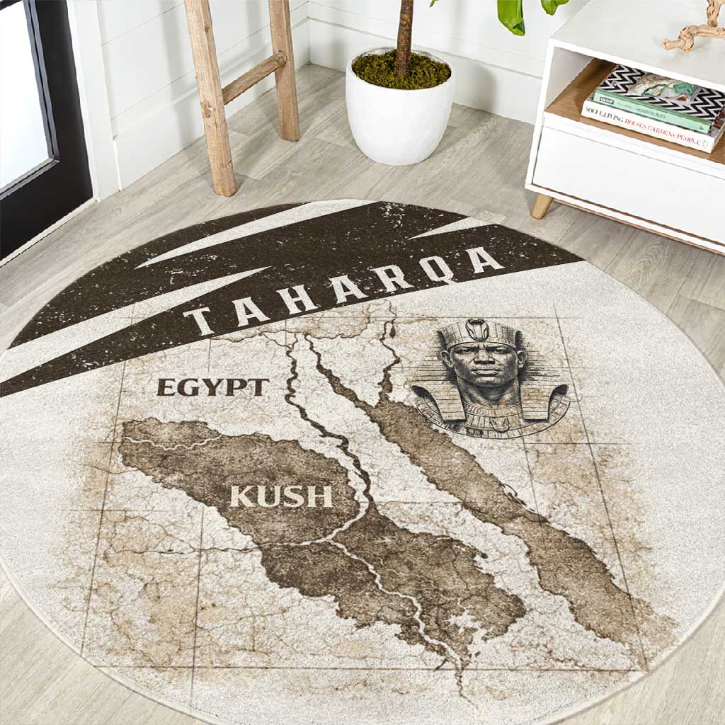 Taharqa Round Carpet with Ancient Map Illustration, King of Two Lands Title and Kush Egypt Temple - African Pride