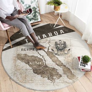 Taharqa Round Carpet with Ancient Map Illustration, King of Two Lands Title and Kush Egypt Temple - African Pride