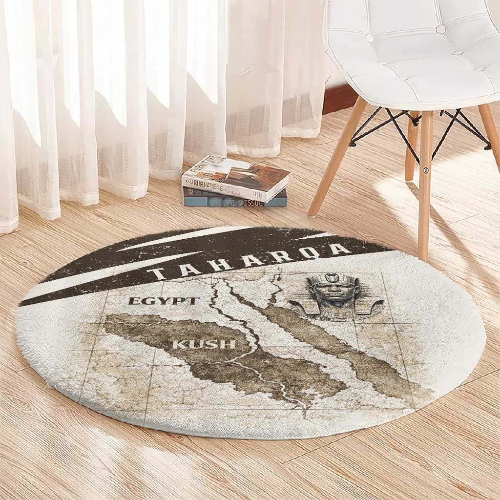 Taharqa Round Carpet with Ancient Map Illustration, King of Two Lands Title and Kush Egypt Temple - African Pride