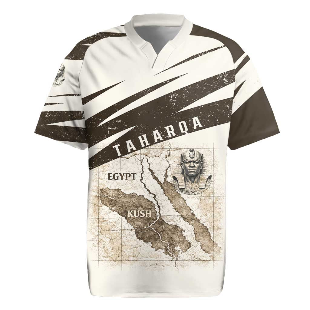 Taharqa Rugby Jersey with Ancient Map Illustration, King of Two Lands Title and Kush Egypt Temple - African Pride
