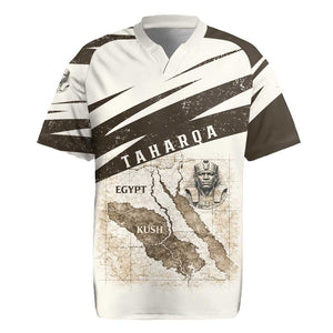 Taharqa Rugby Jersey with Ancient Map Illustration, King of Two Lands Title and Kush Egypt Temple - African Pride