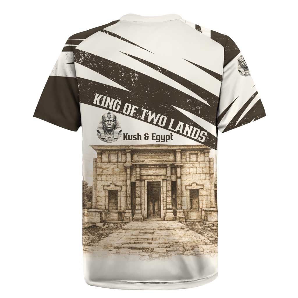 Taharqa Rugby Jersey with Ancient Map Illustration, King of Two Lands Title and Kush Egypt Temple - African Pride