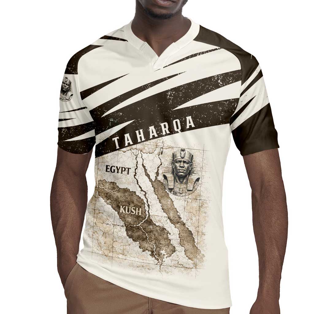 Taharqa Rugby Jersey with Ancient Map Illustration, King of Two Lands Title and Kush Egypt Temple - African Pride