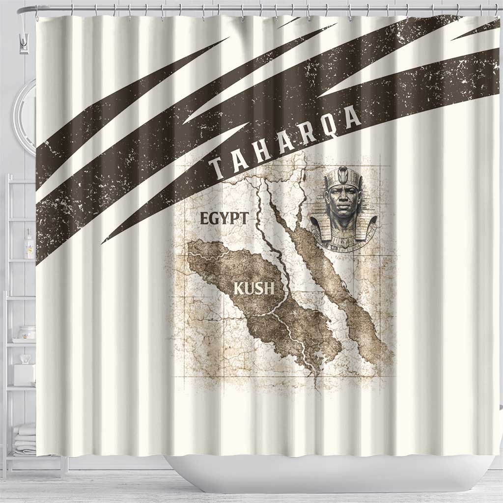 Taharqa Shower Curtain with Ancient Map Illustration, King of Two Lands Title and Kush Egypt Temple - African Pride