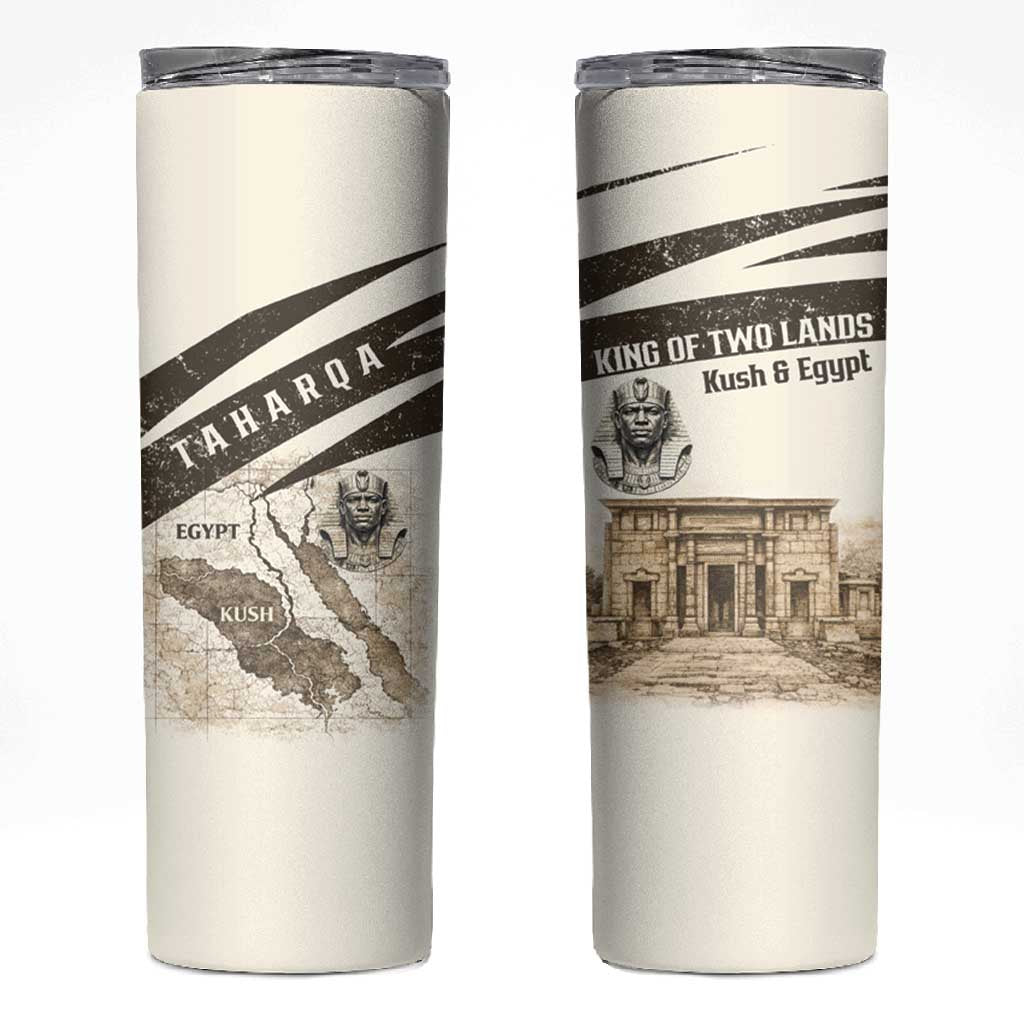 Taharqa Skinny Tumbler with Ancient Map Illustration, King of Two Lands Title and Kush Egypt Temple - African Pride