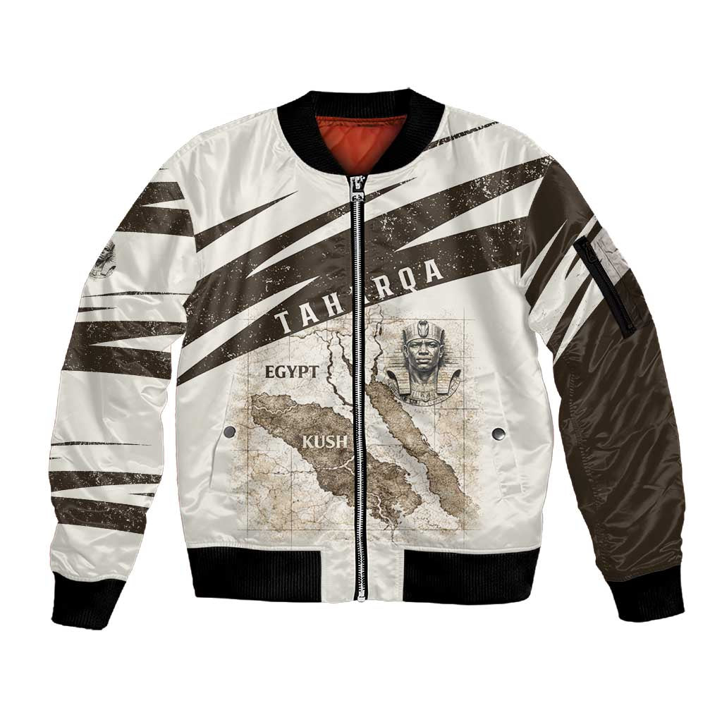 Taharqa Sleeve Zip Bomber Jacket with Ancient Map Illustration, King of Two Lands Title and Kush Egypt Temple - African Pride