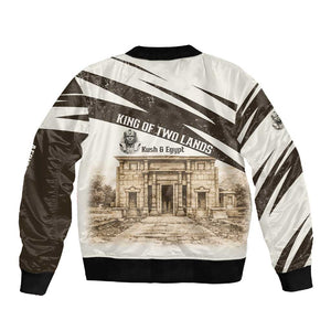 Taharqa Sleeve Zip Bomber Jacket with Ancient Map Illustration, King of Two Lands Title and Kush Egypt Temple - African Pride