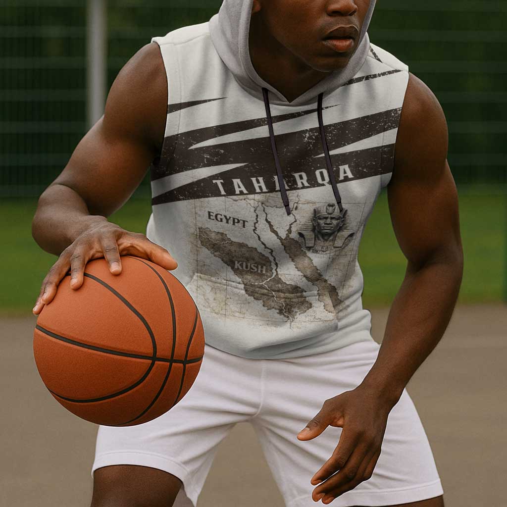 Taharqa Sleeveless Hoodie with Ancient Map Illustration, King of Two Lands Title and Kush Egypt Temple - African Pride