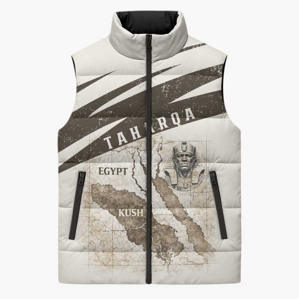 Taharqa Sleeveless Puffer Jacket with Ancient Map Illustration, King of Two Lands Title and Kush Egypt Temple - African Pride
