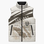 Taharqa Sleeveless Puffer Jacket with Ancient Map Illustration, King of Two Lands Title and Kush Egypt Temple - African Pride