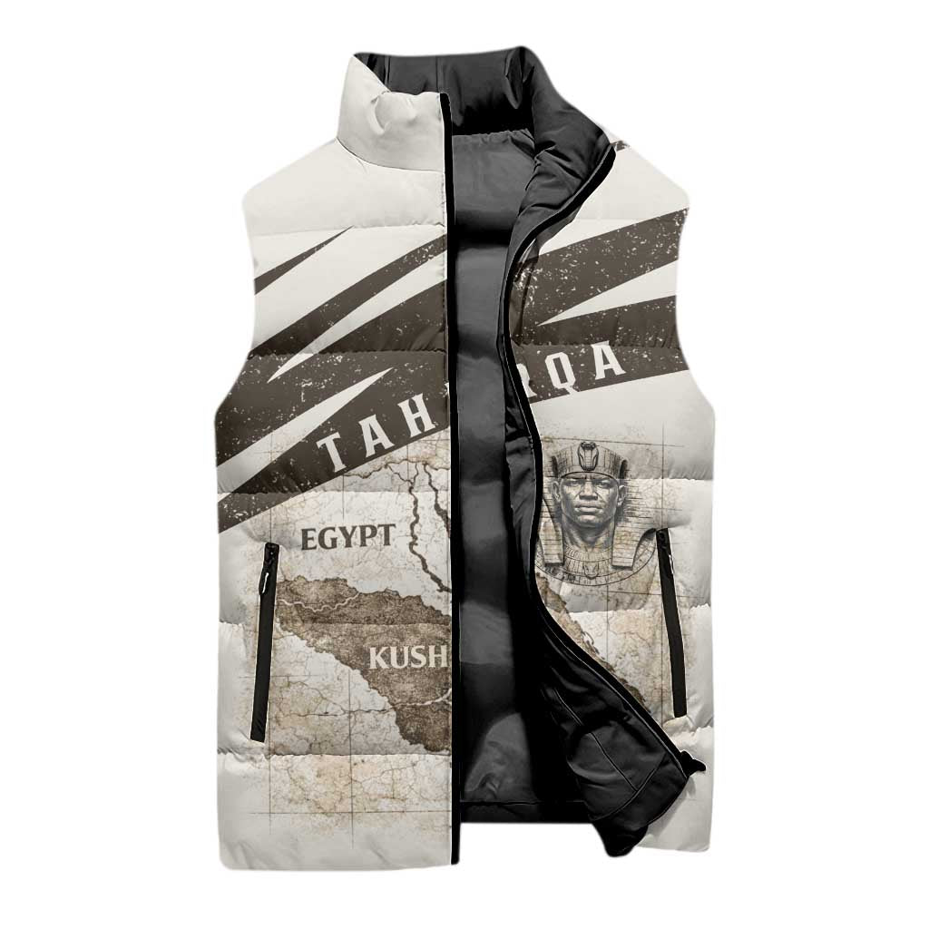 Taharqa Sleeveless Puffer Jacket with Ancient Map Illustration, King of Two Lands Title and Kush Egypt Temple - African Pride