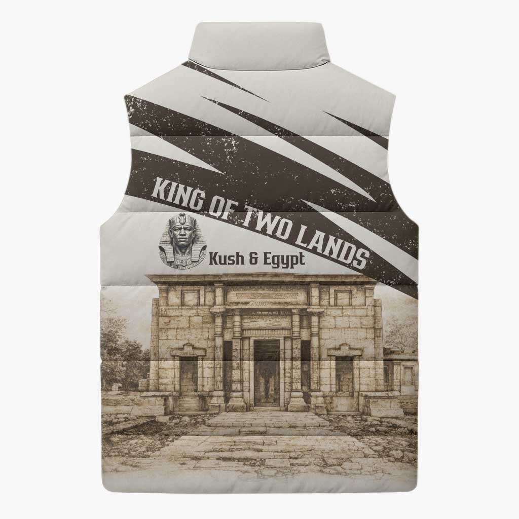Taharqa Sleeveless Puffer Jacket with Ancient Map Illustration, King of Two Lands Title and Kush Egypt Temple - African Pride