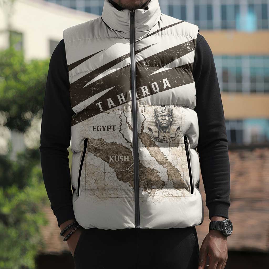 Taharqa Sleeveless Puffer Jacket with Ancient Map Illustration, King of Two Lands Title and Kush Egypt Temple - African Pride