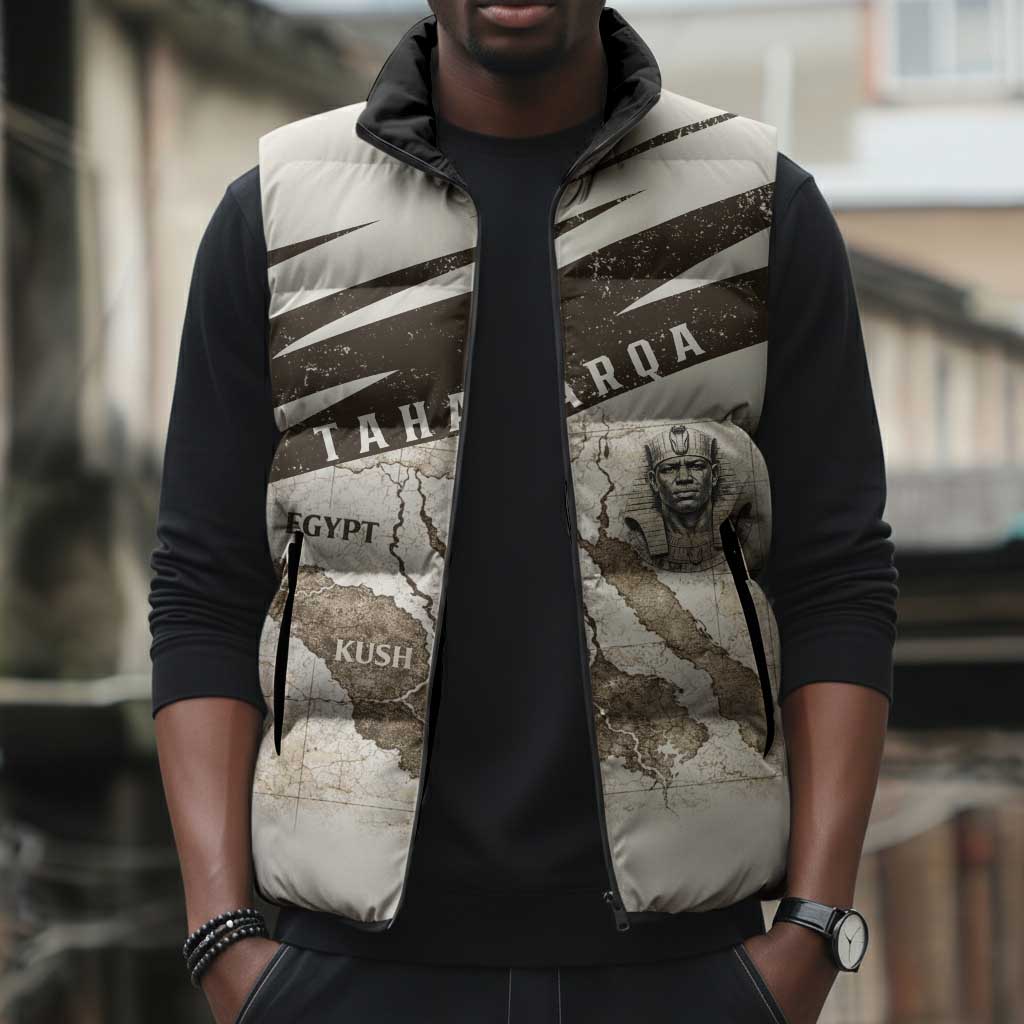 Taharqa Sleeveless Puffer Jacket with Ancient Map Illustration, King of Two Lands Title and Kush Egypt Temple - African Pride