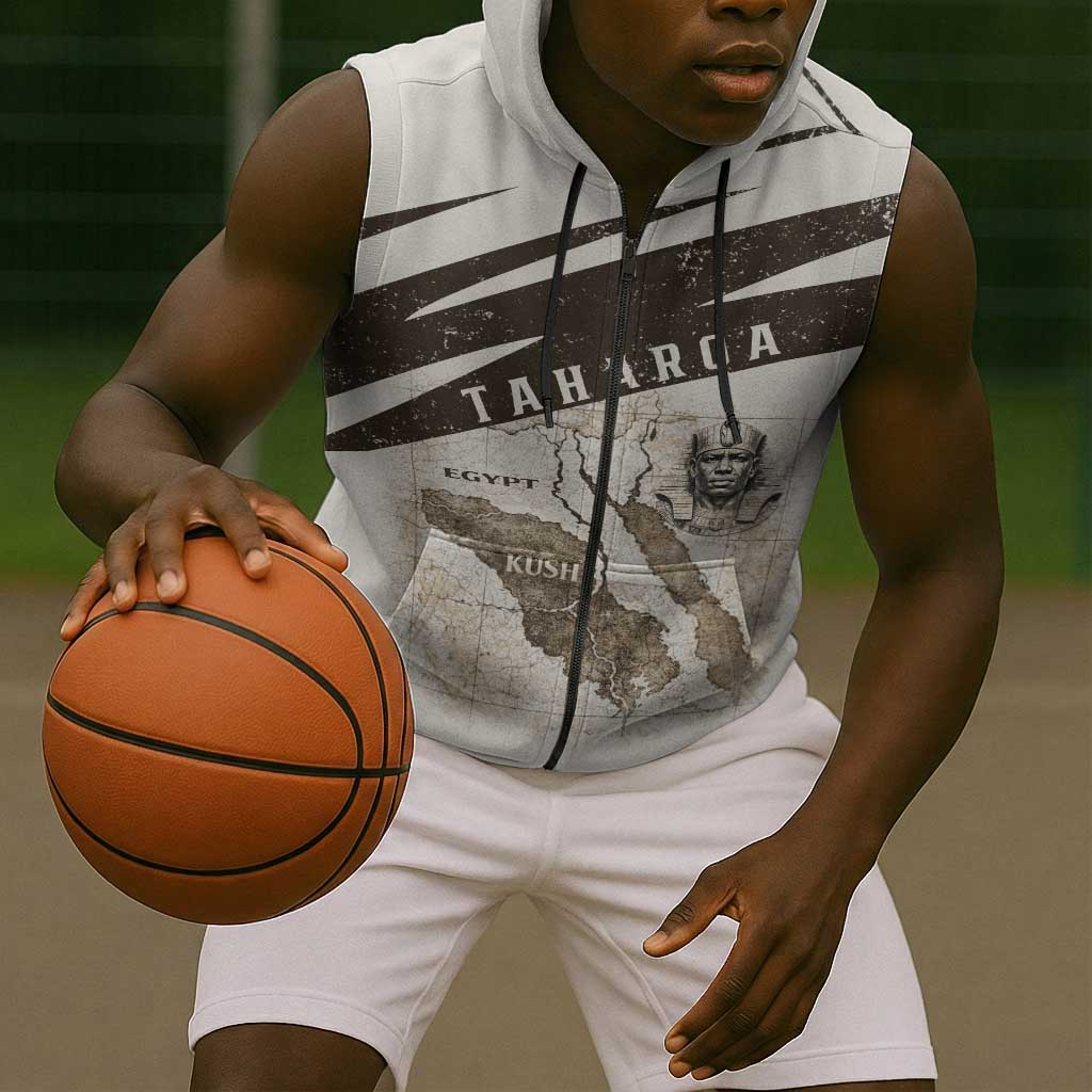 Taharqa Sleeveless Zip Hoodie with Ancient Map Illustration, King of Two Lands Title and Kush Egypt Temple - African Pride
