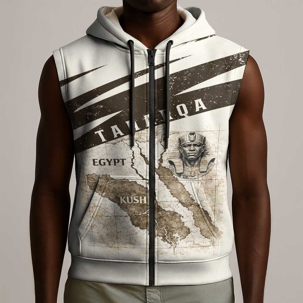 Taharqa Sleeveless Zip Hoodie with Ancient Map Illustration, King of Two Lands Title and Kush Egypt Temple - African Pride