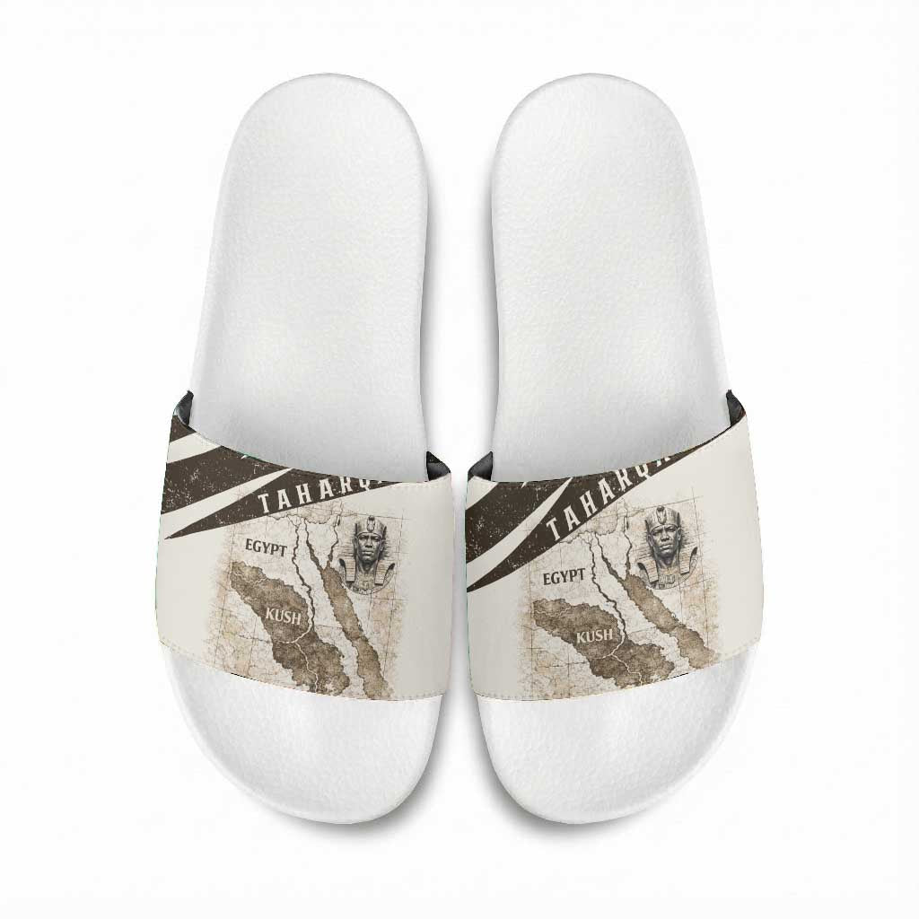 Taharqa Slide Sandals with Ancient Map Illustration, King of Two Lands Title and Kush Egypt Temple - African Pride