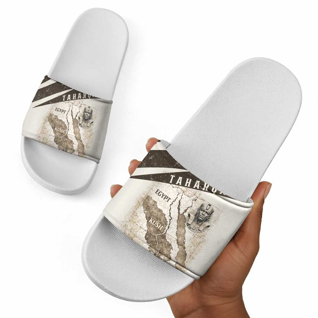 Taharqa Slide Sandals with Ancient Map Illustration, King of Two Lands Title and Kush Egypt Temple - African Pride