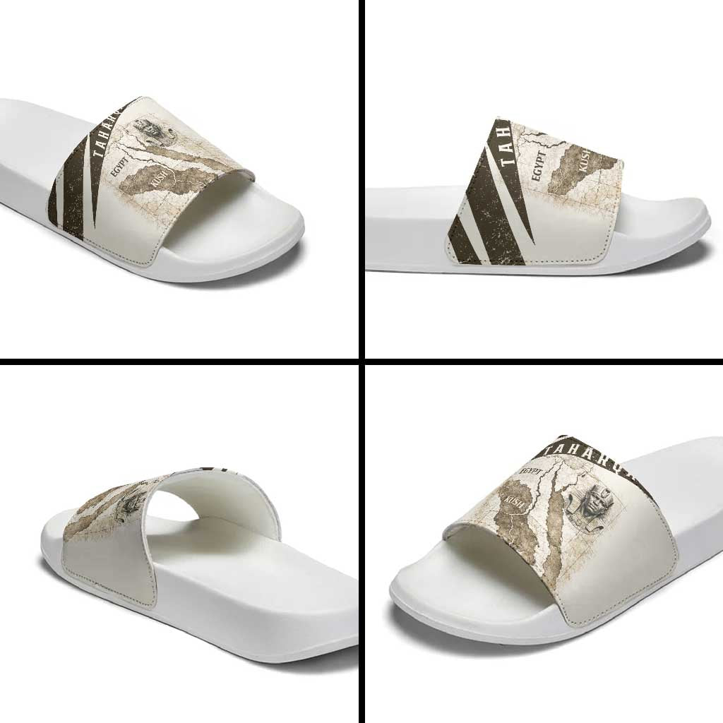 Taharqa Slide Sandals with Ancient Map Illustration, King of Two Lands Title and Kush Egypt Temple - African Pride