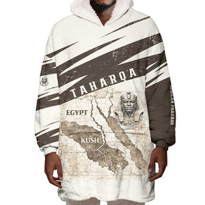 Taharqa Wearable Blanket Hoodie with Ancient Map Illustration, King of Two Lands Title and Kush Egypt Temple - African Pride