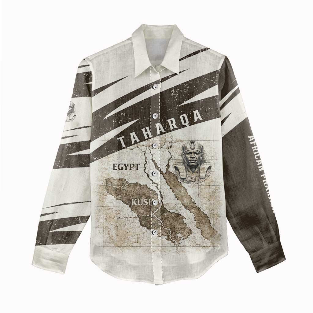 Taharqa Women Casual Shirt with Ancient Map Illustration, King of Two Lands Title and Kush Egypt Temple - African Pride