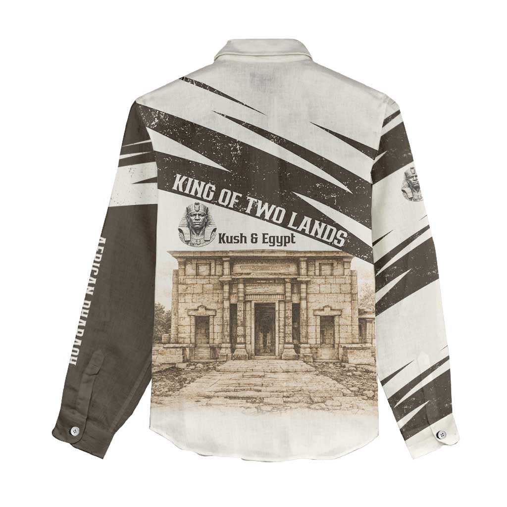 Taharqa Women Casual Shirt with Ancient Map Illustration, King of Two Lands Title and Kush Egypt Temple - African Pride