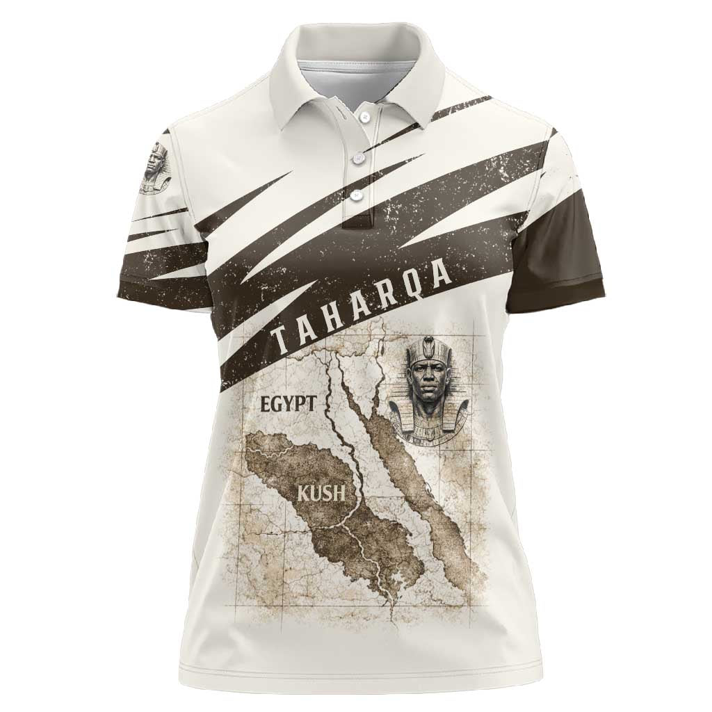 Taharqa Women Polo Shirt with Ancient Map Illustration, King of Two Lands Title and Kush Egypt Temple - African Pride