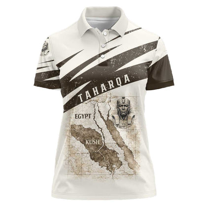 Taharqa Women Polo Shirt with Ancient Map Illustration, King of Two Lands Title and Kush Egypt Temple - African Pride