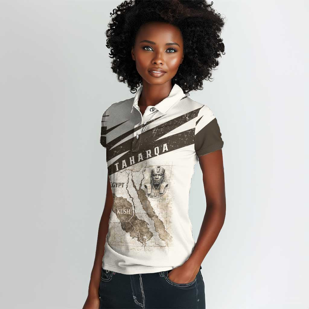 Taharqa Women Polo Shirt with Ancient Map Illustration, King of Two Lands Title and Kush Egypt Temple - African Pride