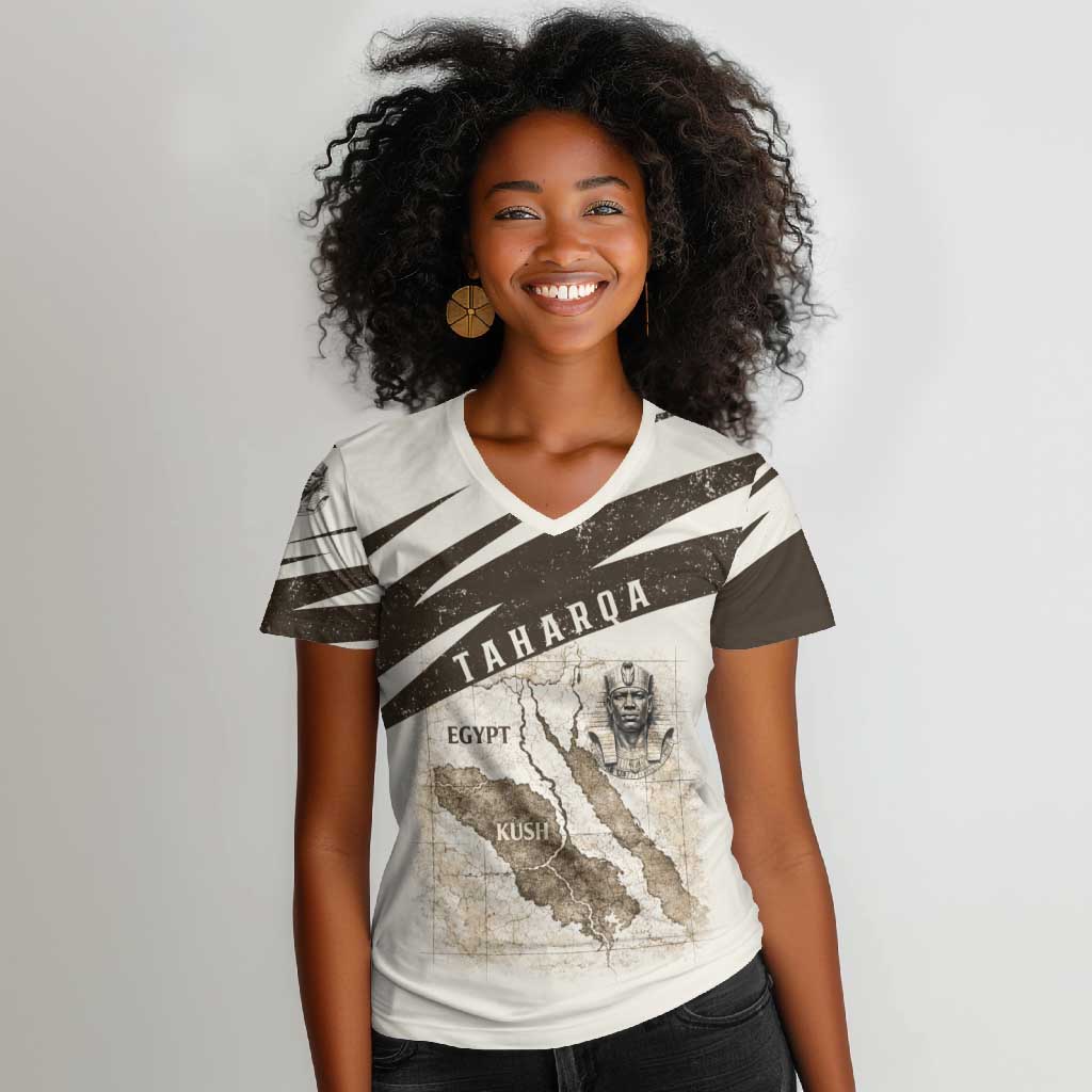 Taharqa Women V-Neck T-Shirt with Ancient Map Illustration, King of Two Lands Title and Kush Egypt Temple - African Pride