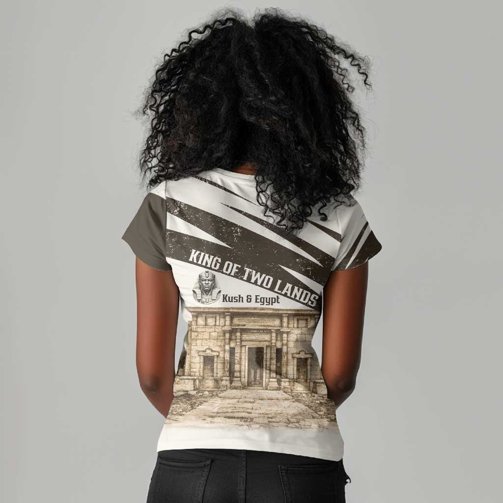 Taharqa Women V-Neck T-Shirt with Ancient Map Illustration, King of Two Lands Title and Kush Egypt Temple - African Pride