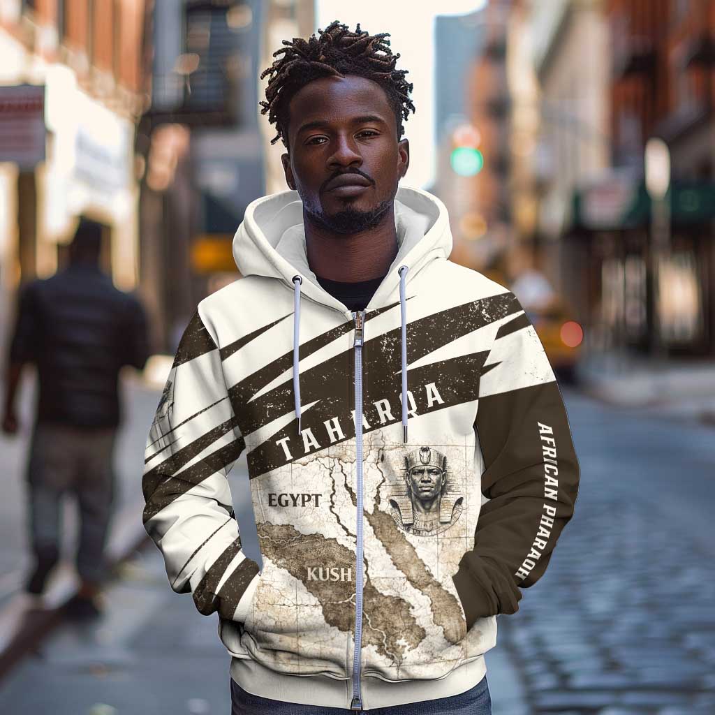 Taharqa Zip Hoodie with Ancient Map Illustration, King of Two Lands Title and Kush Egypt Temple - African Pride