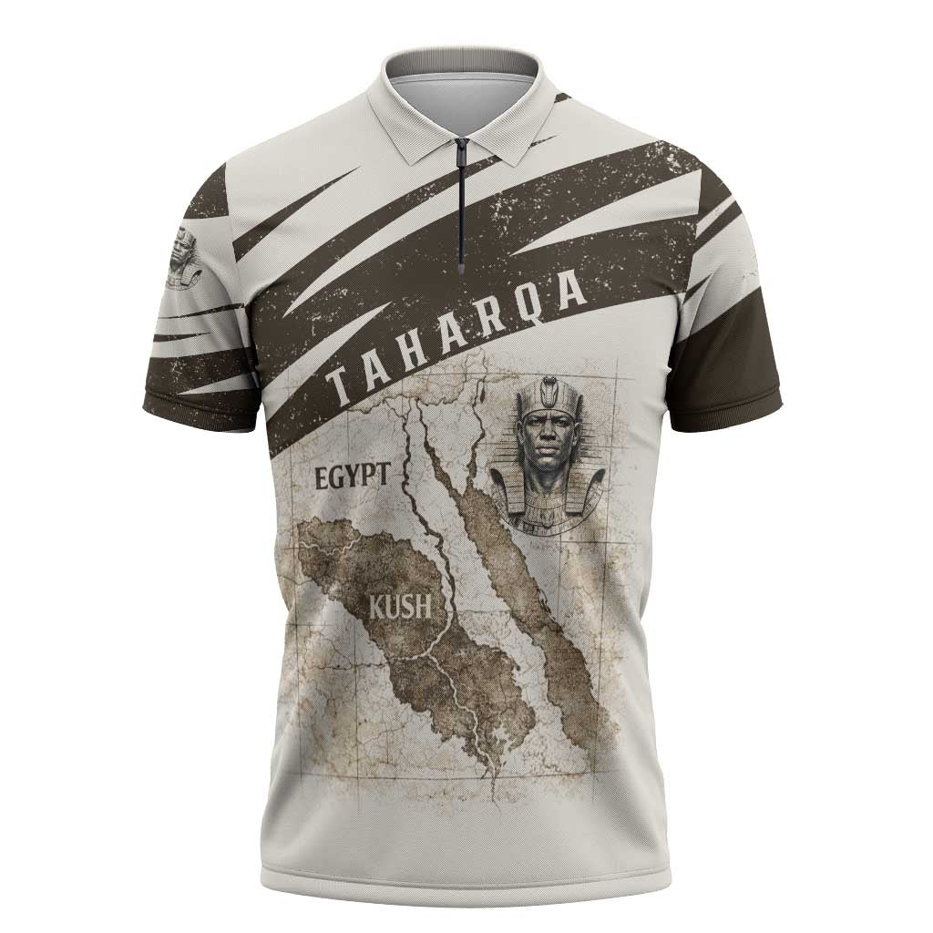 Taharqa Zipper Polo Shirt with Ancient Map Illustration, King of Two Lands Title and Kush Egypt Temple - African Pride